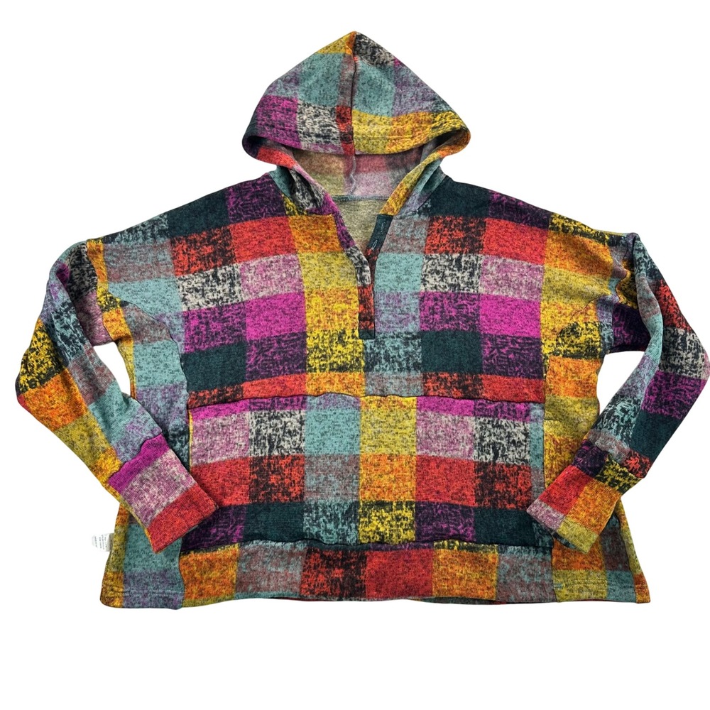 BIBI Womens Large Multicolor Plaid Patchwork Henley Oversized Hoodie Sweater - Picture 9 of 15